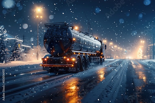 Happy milk tank truck driver on a luminous wintery night journey photo