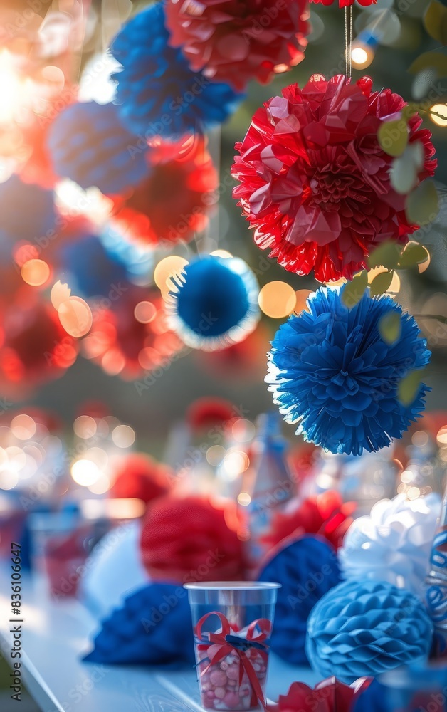 Naklejka premium Red, white, and blue pom-poms hang from a string, creating a festive backdrop for a party.