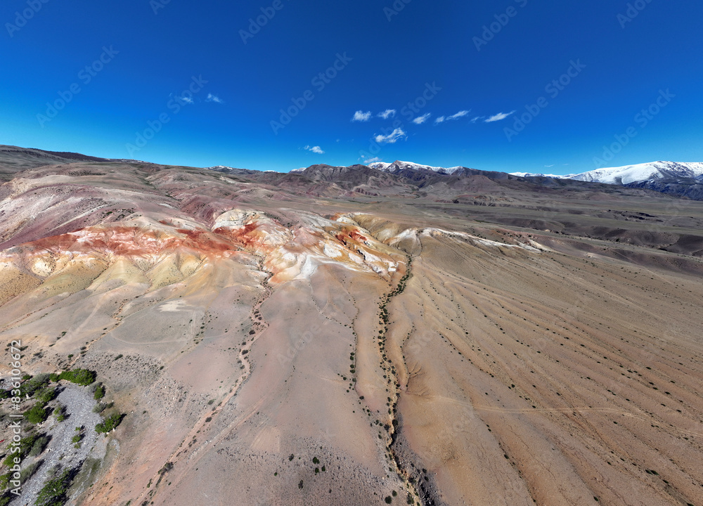 panoramic landscape with unusual red mountains with a Martian view filmed from a drone in Altai in May panoramic landscape with unusual red mountains with a Martian view filmed from a drone in Altai in May