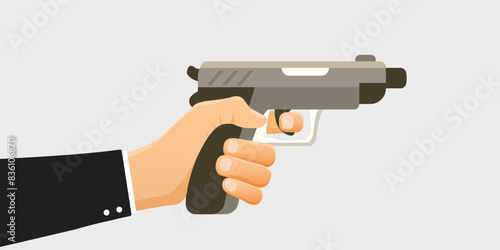 Hand holding pistol gun icon in flat style. Firearm symbol vector illustration on isolated background. Rifle ammo sign business concept.