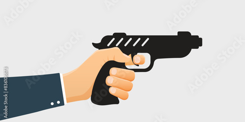 Hand holding pistol gun icon in flat style. Firearm symbol vector illustration on isolated background. Rifle ammo sign business concept.