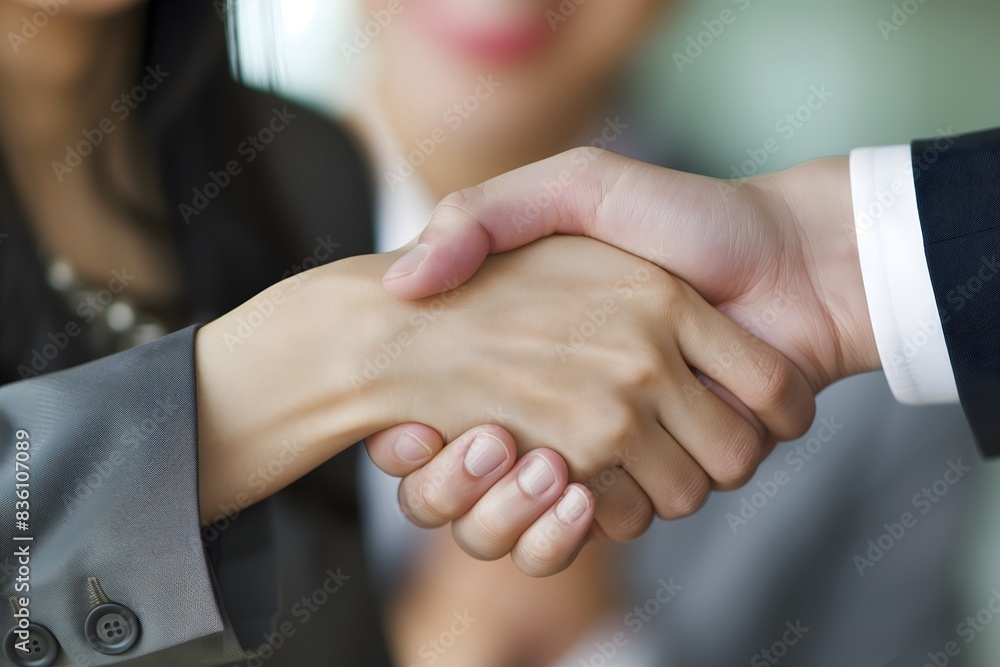 Close up woman and man sealing the deal with a firm handshake, successful agreement for job interview, business dealing, or working together Close up woman and man sealing the deal with a firm handshake, successful agreement for job interview, business dealing, or working together