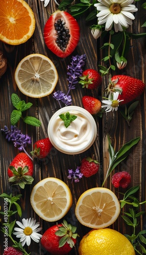 Creams and lotions surrounded by fresh fruit  herbs  and flowers on a wooden background. Generative AI