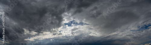 Wide panorama of a sky full of storm clouds with a small area of blue sky. A rainstorm is brewing 