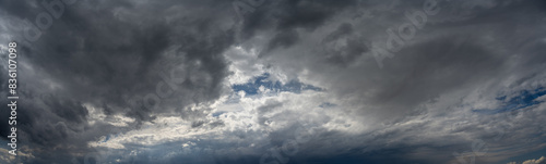 Foto Wide panorama of a sky full of storm clouds with a small area of blue sky