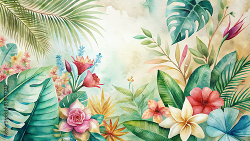 Watercolor background of exotic flowers