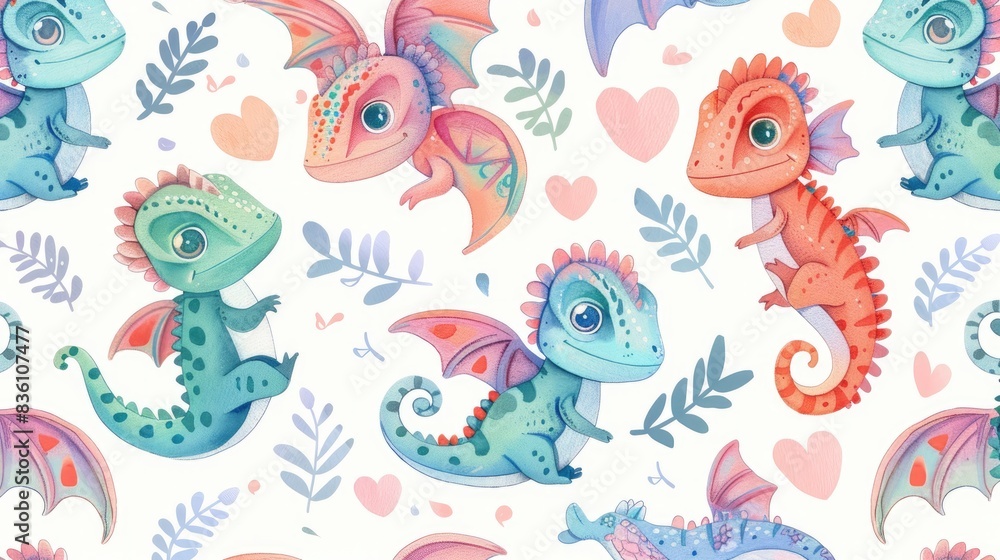 a pattern of cute cartoon chameleons, heart-winged square carriers, hand-drawn anime fantasy, illustrative anime prints a pattern of cute cartoon chameleons, heart-winged square carriers, hand-drawn anime fantasy, illustrative anime prints