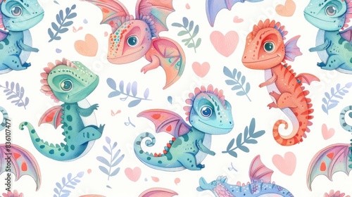  a pattern of cute cartoon chameleons, heart-winged square carriers, hand-drawn anime fantasy, illustrative anime prints
