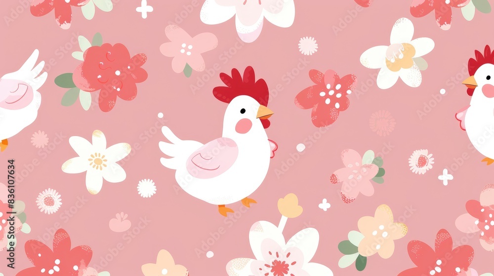 Fototapeta premium a pattern of cute cartoon chickens, square-box bearing fairies, enchanted animation style, vibrant anime illustrations