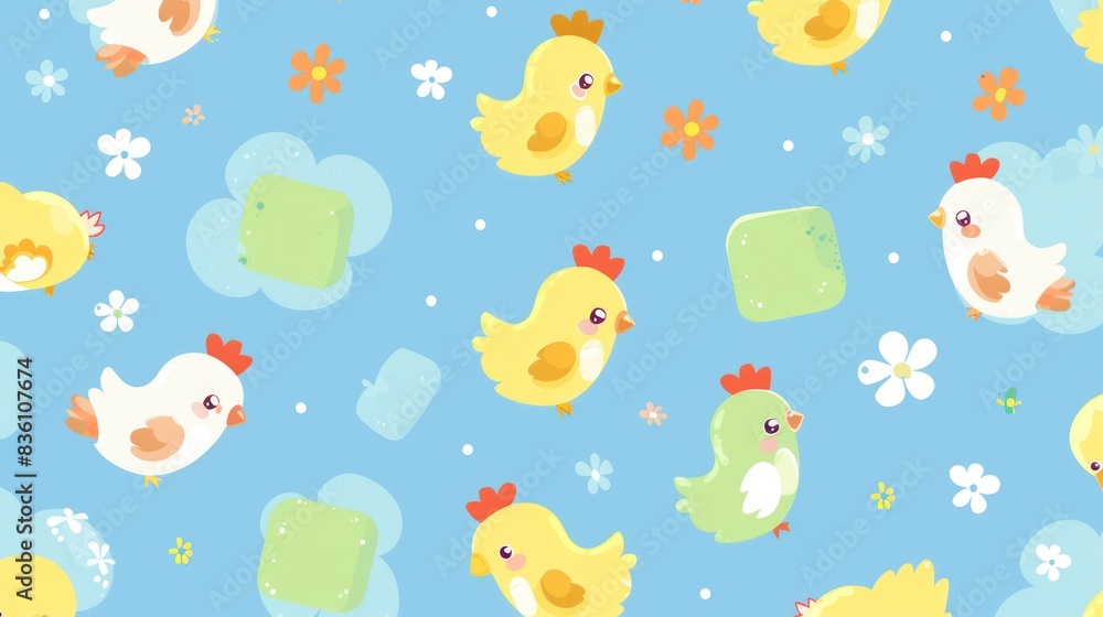 a pattern of cute cartoon chickens, square-box flying fairies, hand-drawn enchanted beings, happy anime illustrations a pattern of cute cartoon chickens, square-box flying fairies, hand-drawn enchanted beings, happy anime illustrations