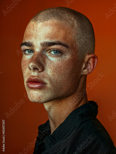 Bald young man with a bright personality. Stylish bald-headed person on red background photo