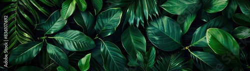 A lush collection of dark green tropical leaves forming a dense, vibrant foliage pattern, evoking a sense of nature and tranquility.