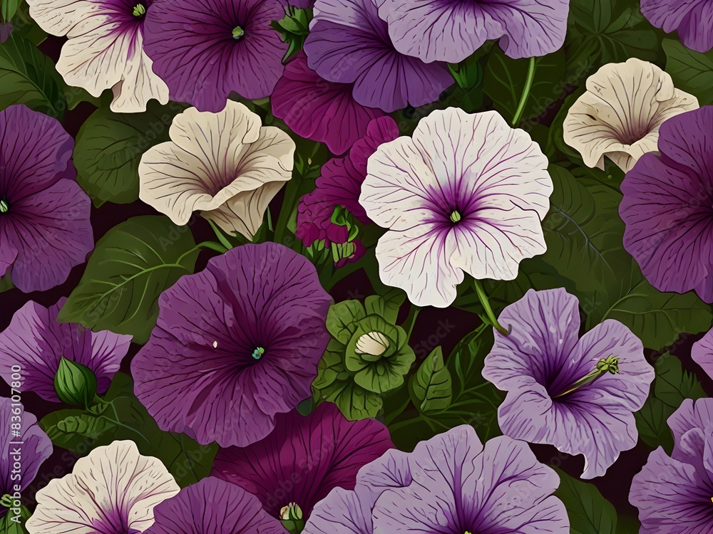 Seamless Pattern of Petunias in Vibrant Purple and White, generative AI Seamless Pattern of Petunias in Vibrant Purple and White, generative AI