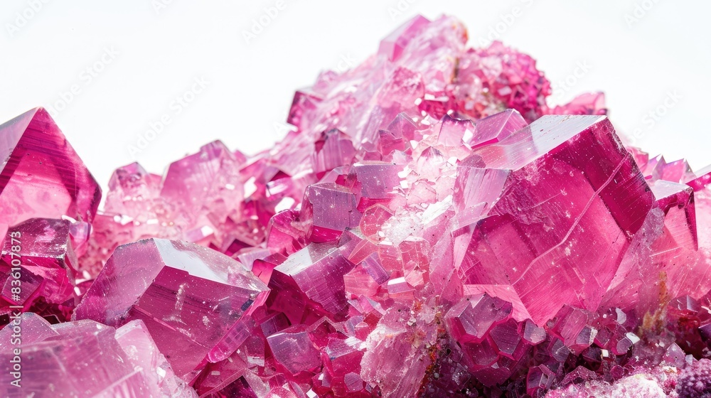 Close up of unpolished miaskite specimen showcasing pink cancrinite mineral from Southern Urals on white background Close up of unpolished miaskite specimen showcasing pink cancrinite mineral from Southern Urals on white background