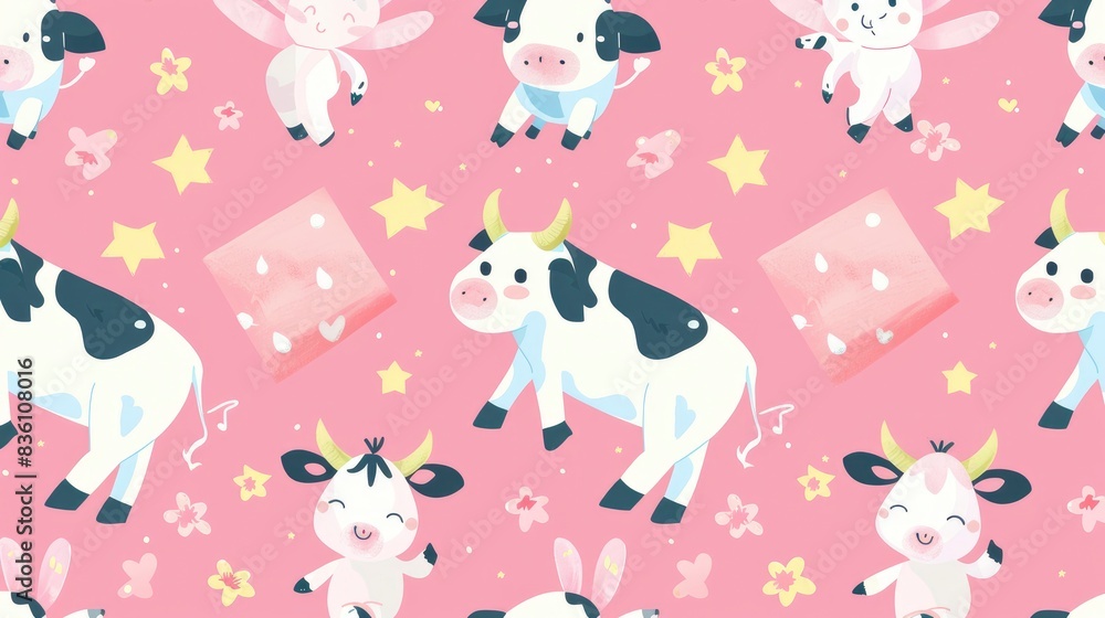 a pattern of cute cartoon cows, square-box bearing fairies, fantastical anime aesthetics, whimsical anime characters a pattern of cute cartoon cows, square-box bearing fairies, fantastical anime aesthetics, whimsical anime characters