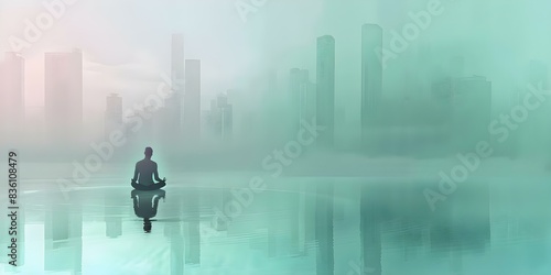 Man meditates in solitude city person admires beautiful world. Concept Solitude, Meditation, City Life, Beauty of Nature, Mindfulness