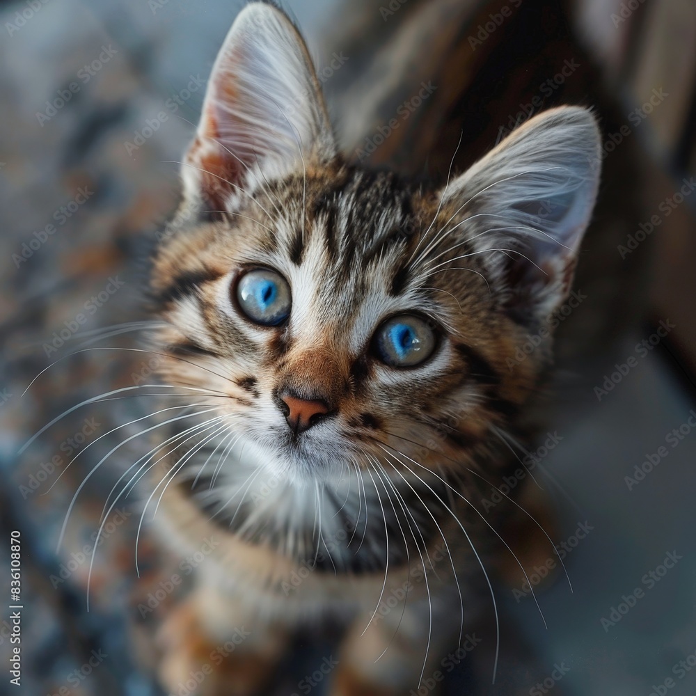 Close Up Portrait of a Tabby Kitten With Blue Eyes Looking Up