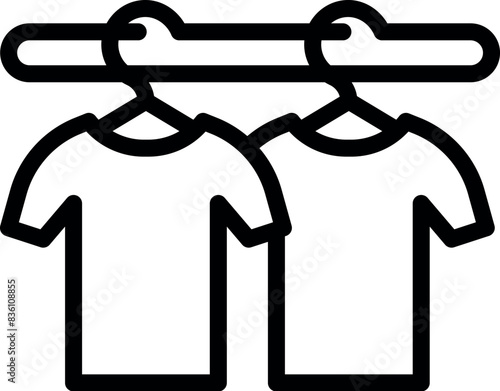 Black and white line art icon featuring two tshirts hanging on a rod