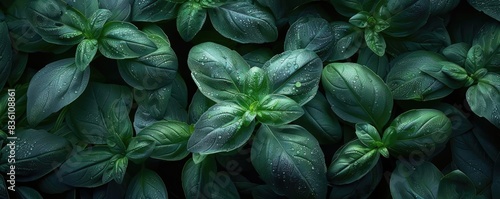Close-up view of lush green basil leaves with detailed texture and water droplets, creating a fresh and natural botanical background.