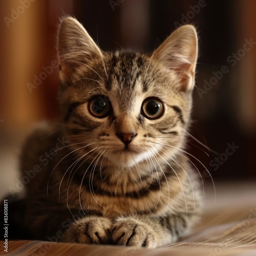 Close Up of a Tabby Kitten Looking Up at the Camera