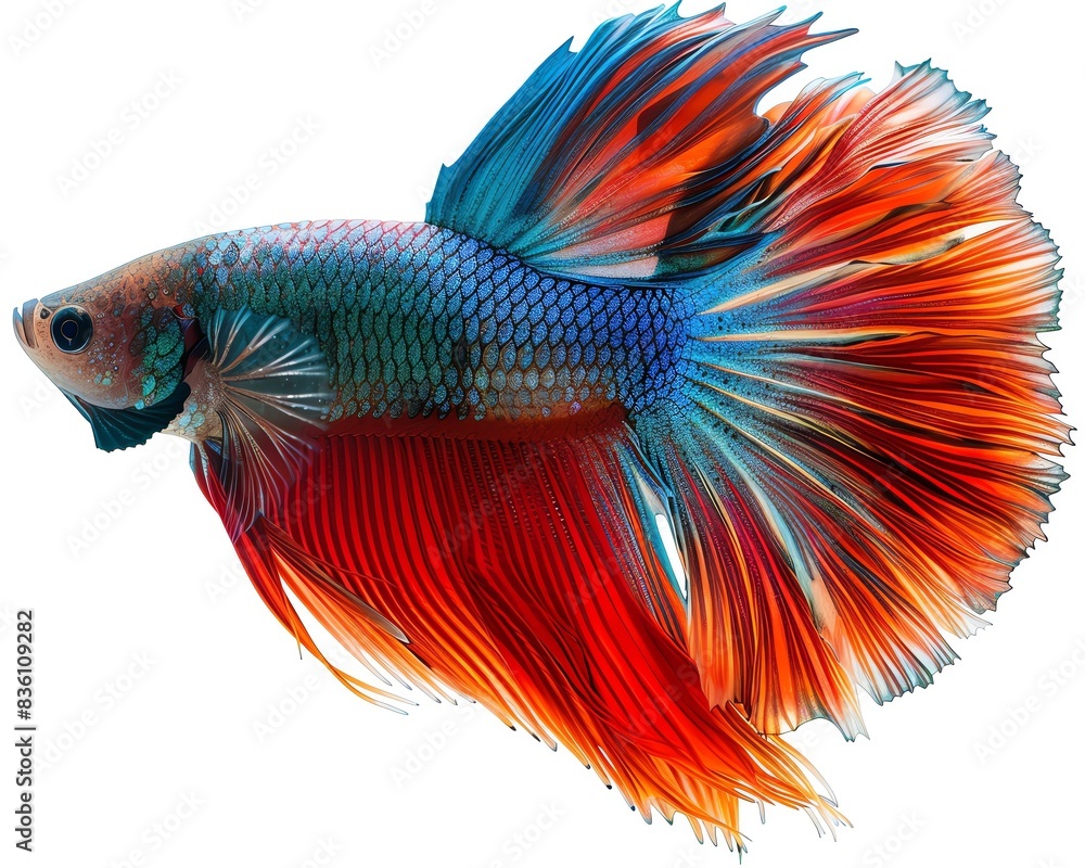Fototapeta premium Betta fish with flowing fins, dramatic red and blue colors isolated on white, perfect for exotic pet advertisements and art projects