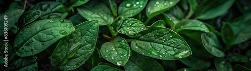 Close-up of vibrant green leaves with water droplets, showcasing natural beauty and freshness. Perfect for nature and botanical themes.
