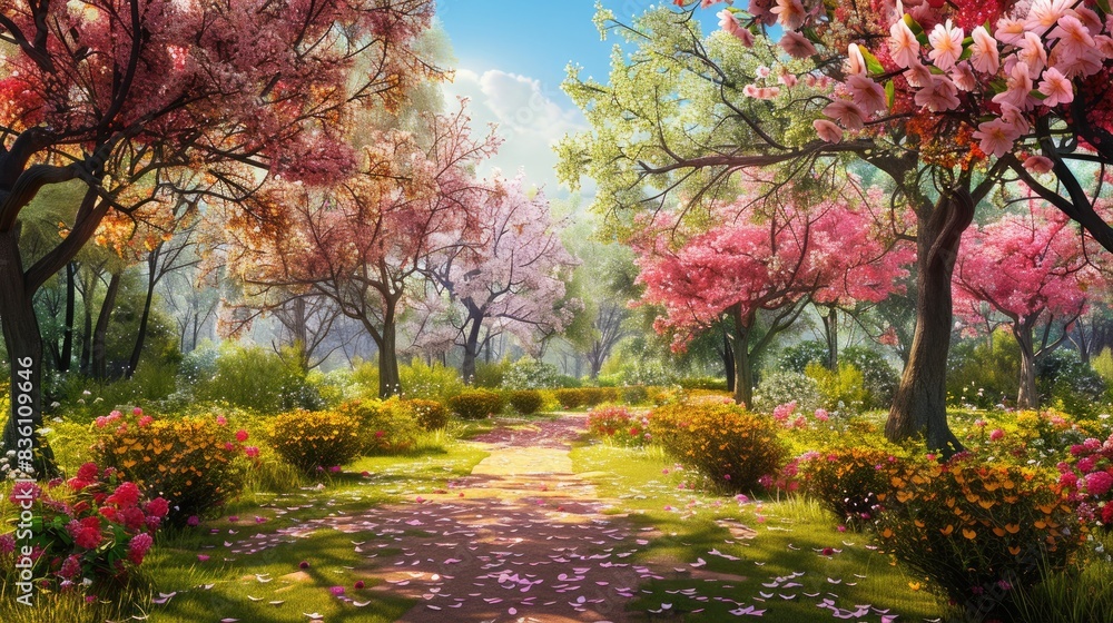 Spring Garden with Beautiful Blooming Trees Landscape Spring Garden with Beautiful Blooming Trees Landscape