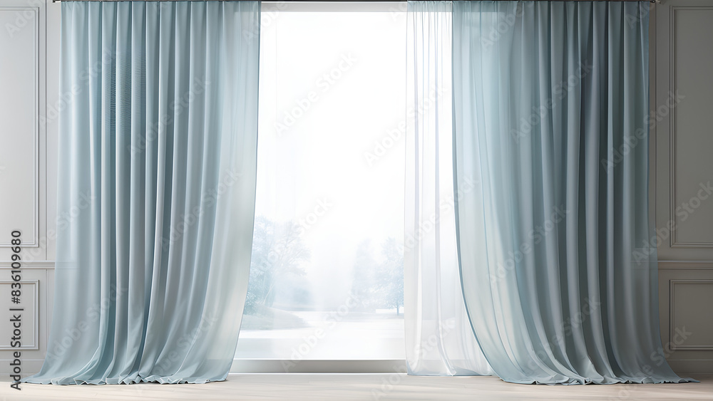 A set of isolated white sheer curtains gracefully billowing in the wind, adding a touch of elegance with their subtle, delicate texture. A set of isolated white sheer curtains gracefully billowing in the wind, adding a touch of elegance with their subtle, delicate texture.