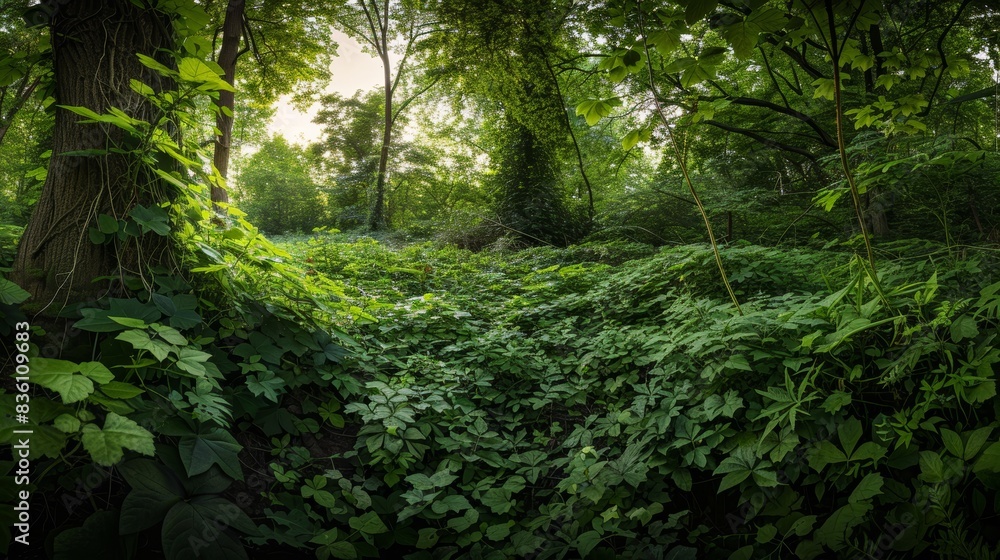 Obraz premium The forest, leaves, sunshine, and growth promote sustainability, nature, and green. Bush, woodlands, and leaves in spring for healthy, rural, or rainforest plants