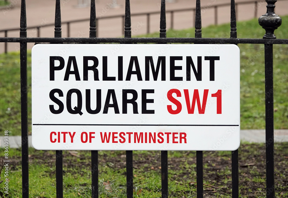 Fototapeta premium Parliament Square SW1 sign in the City of Westminster, London, England, UK. 