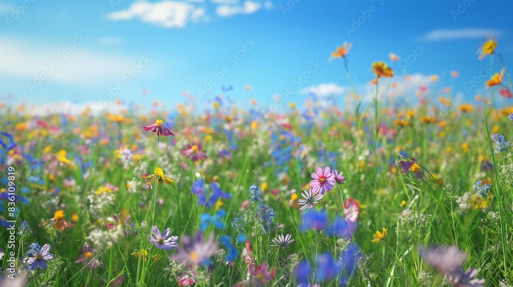 A field of wild flowers swaying gently in the breeze under a clears blue sky A field of wild flowers swaying gently in the breeze under a clears blue sky