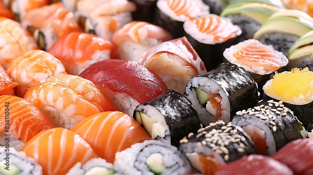 Present a variety of Japanese sushi with close-up images, including less common types like oshizushi, where sushi is pressed into shape. Highlight the differences in preparation and presentation Present a variety of Japanese sushi with close-up images, including less common types like oshizushi, where sushi is pressed into shape. Highlight the differences in preparation and presentation