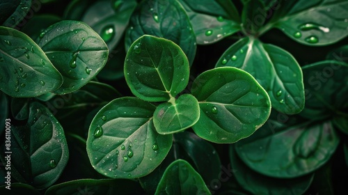 Close-up shot of green leaves with water droplets, showcasing natural beauty and freshness in a lush environment.