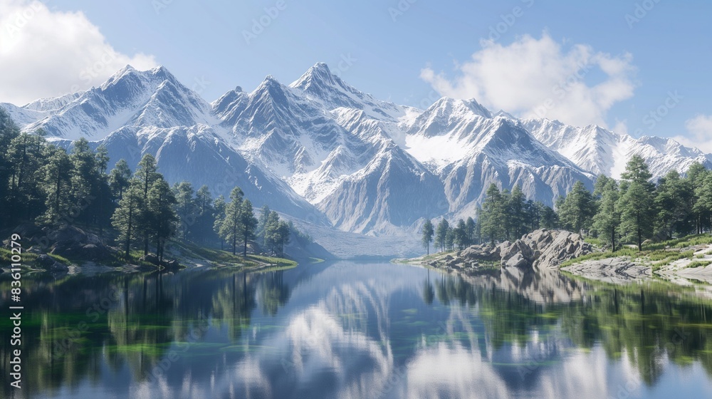Fototapeta premium A serene mountain lake reflecting snow capped peaks under a clear sly