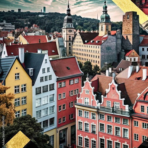 Retro collage poster with European cityscape, different mixed textures