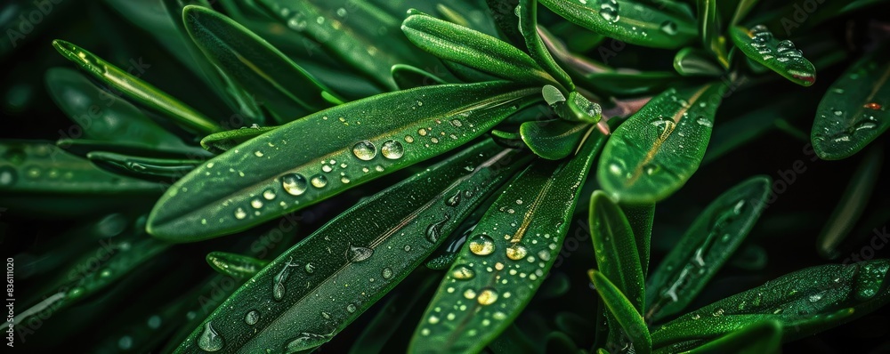 Close-up of vibrant green leaves with fresh raindrops, showcasing the beauty of nature and the serene tranquility of a rainy day.