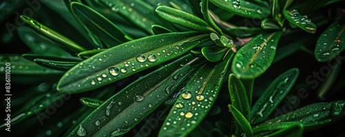 Close-up of vibrant green leaves with fresh raindrops, showcasing the beauty of nature and the serene tranquility of a rainy day.