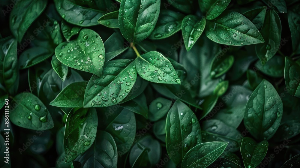 Close-up of lush green leaves with fresh raindrops, providing a vibrant and refreshing natural background. Close-up of lush green leaves with fresh raindrops, providing a vibrant and refreshing natural background.