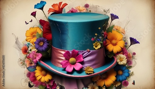 Close-up of a cracked colourful vintage top hat amidst whimsical flowers. Mad hatter vibe background created with generative ai 