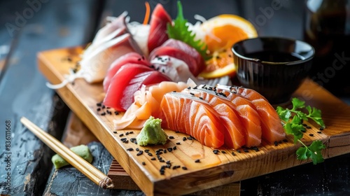 A beautiful arrangement of fresh sashimi on a wooden board with a small cup of sake photo