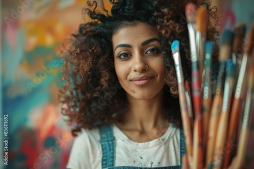 Brush, portrait, and woman are creative painters in art galleries and workshops. Freedom, artist, Indian girl with paintbrushes for hobby and drawing talent photo