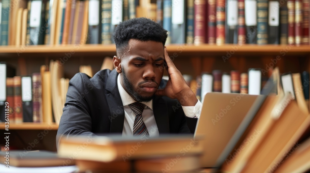 Attorney, laptop, and law books for courtroom research and decision-making. Legal expert, justice; equality champion; criminal hearing idea or brainstorming Attorney, laptop, and law books for courtroom research and decision-making. Legal expert, justice; equality champion; criminal hearing idea or brainstorming