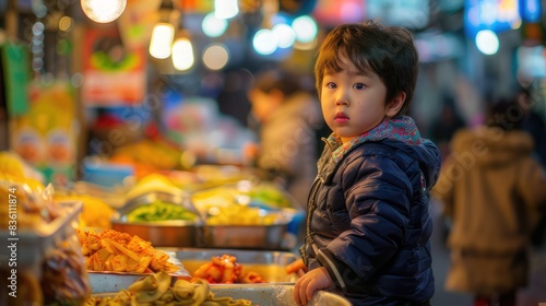 Adventurous Korean Child in Vibrant Market, Enthralled by Colorful Displays and Street Food 