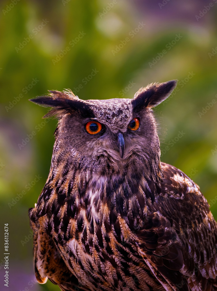 Eurasian eagle-owl (Bubo bubo) sitting on a branch against green background looking at camera