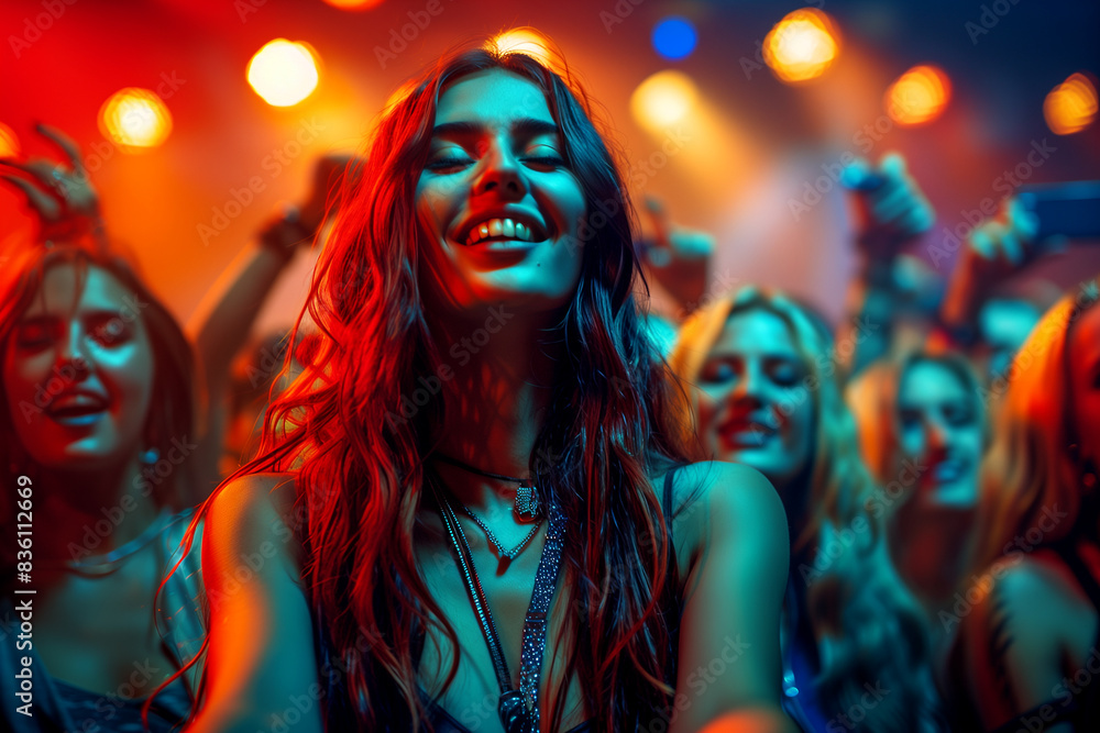 Obraz premium A woman is smiling and dancing in front of a group of people. Scene is lively and fun, as the woman is enjoying herself and the company of others