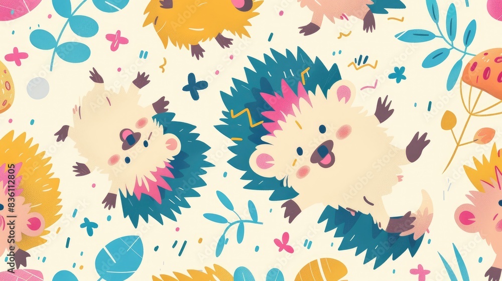 Naklejka premium a pattern of cute cartoon hedgehogs, square-box flying wonders, whimsical character art, sweet anime characters