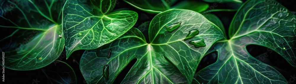 Close-up of lush green leaves with intricate veins and dark background, capturing the beauty of nature in vibrant detail. Close-up of lush green leaves with intricate veins and dark background, capturing the beauty of nature in vibrant detail.