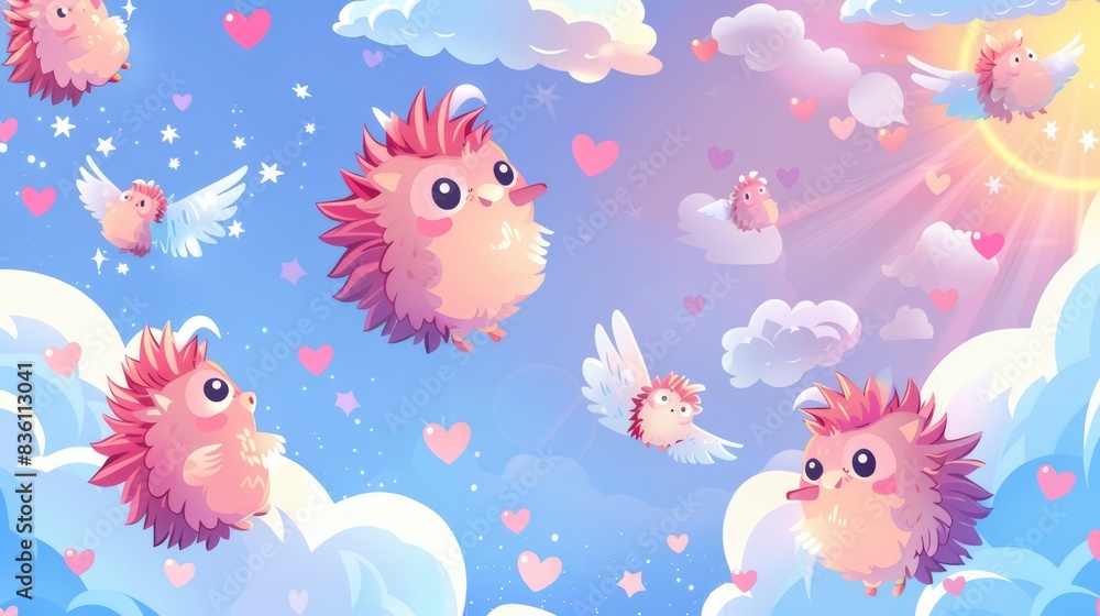 a pattern of cute cartoon hedgehogs, winged hearts in the sky, whimsical fantasy anime, joyful anime scenes a pattern of cute cartoon hedgehogs, winged hearts in the sky, whimsical fantasy anime, joyful anime scenes