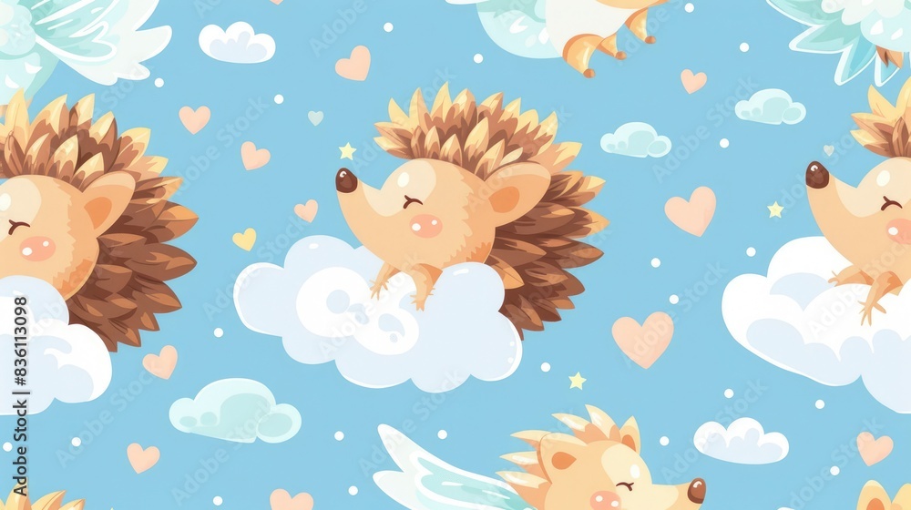 a pattern of cute cartoon hedgehogs, winged hearts in the sky, whimsical fantasy anime, joyful anime scenes a pattern of cute cartoon hedgehogs, winged hearts in the sky, whimsical fantasy anime, joyful anime scenes