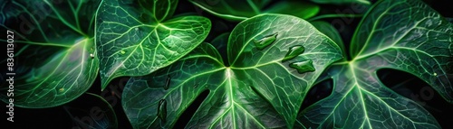 Close-up of lush green leaves with intricate veins and dark background, capturing the beauty of nature in vibrant detail.